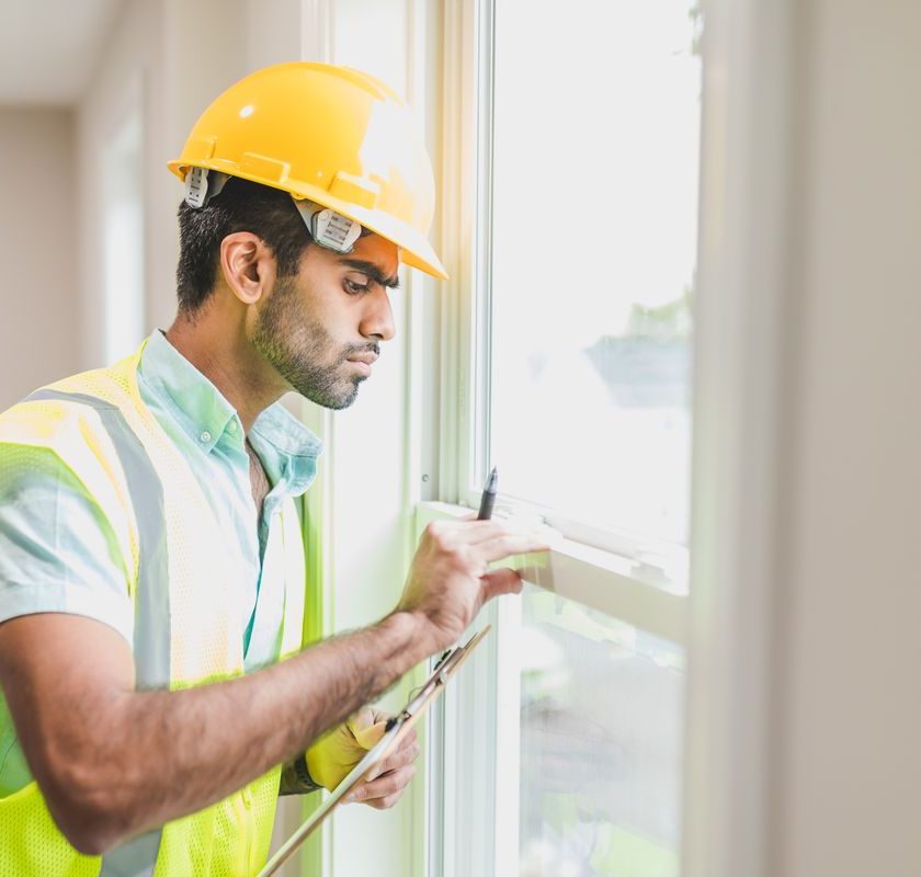 An inspector in a yellow hard hat and hi-vis checking a window frame against a checklist