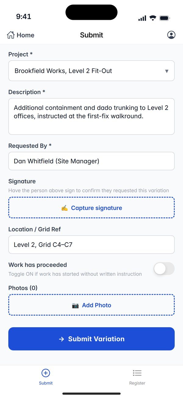 The VariationFlow app’s Submit screen on an iPhone: project, description, who asked for it, their signature, location and photos